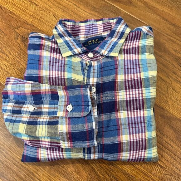 Polo Ralph Lauren plaid button up 100% linen shirt - Picture 1 of 7